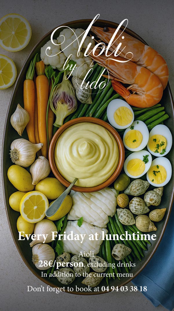 Provençal aioli served at Le Lido Toulon with fish, vegetables, eggs, prawns, and homemade garlic sauce.
