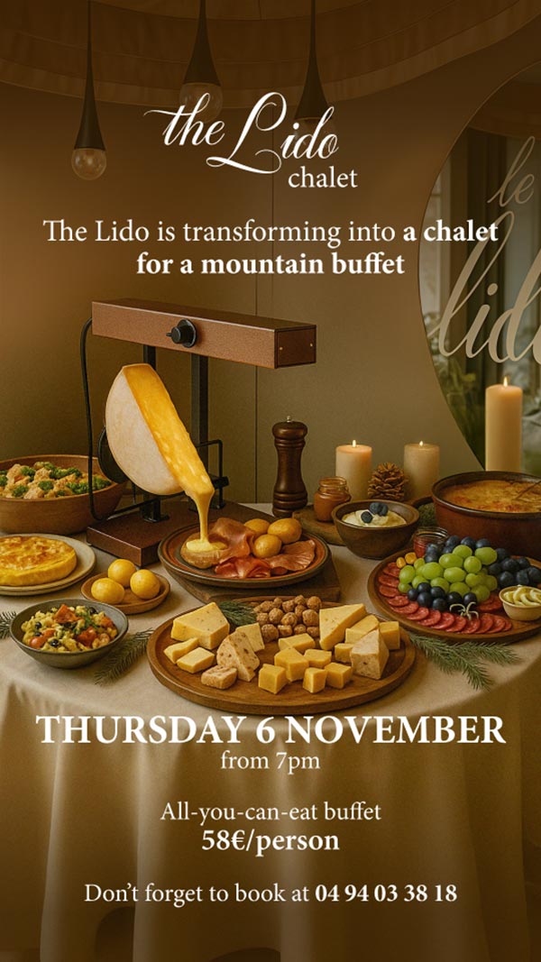 Mountain-style buffet at Le Lido Toulon with raclette, cheese, cold cuts, and Savoyard dishes in a cozy chalet atmosphere.