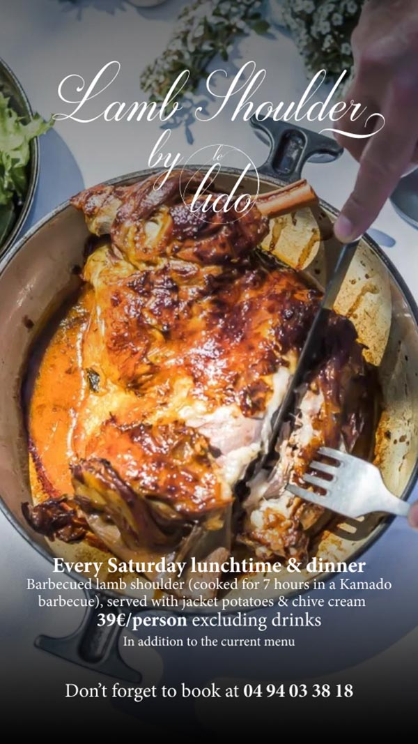 Slow-cooked lamb shoulder served at Le Lido in Toulon, barbecued for 7 hours in a Kamado with potatoes and chive cream.